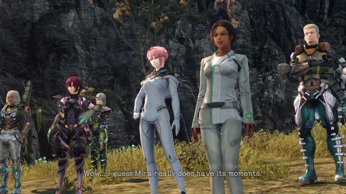 A group of characters admire a sunset in Xenoblade Chronicles X: Definitive Edition