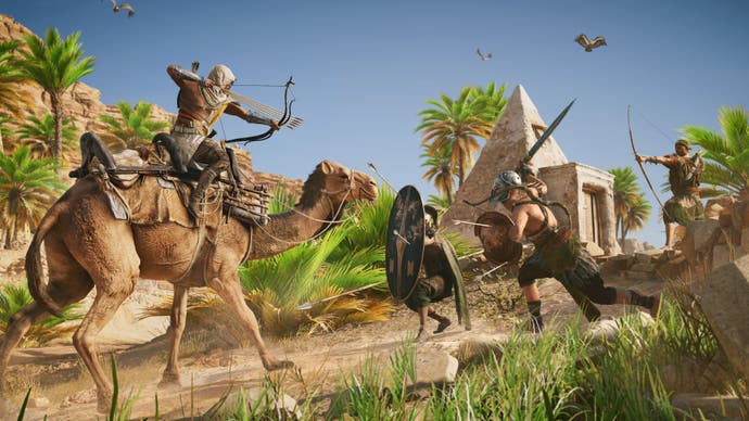 Bayek prepares to fire three arrows at once on the back of a camel in Assassin's Creed Origins.