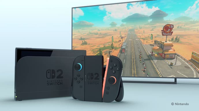 Switch 2 console with TV screen showing Mario characters driving off into an expansive desert in new Mario Kart