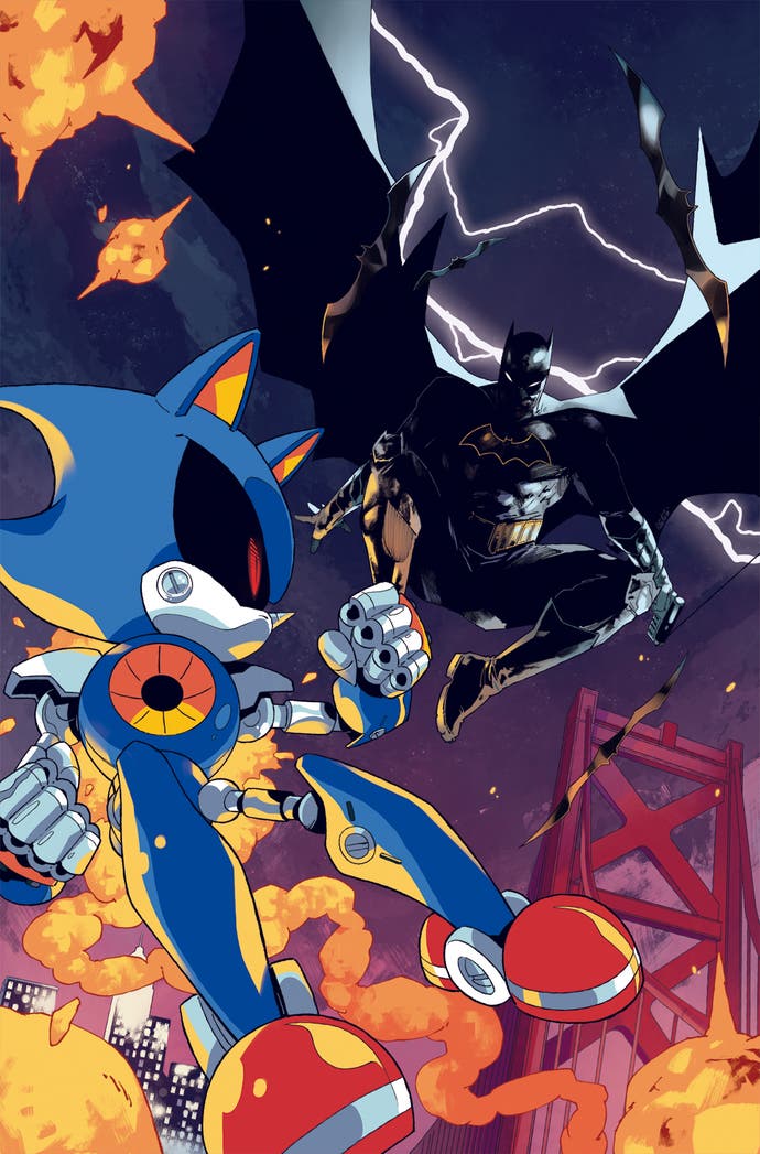 Sonic and DC comic crossover showing panel of Metal Sonic facing backwards towards Batman gliding in the sky