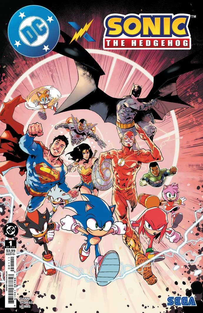 Sonic and DC comic crossover showing comic cover of both Sonic and Justice League characters all running and leaping together