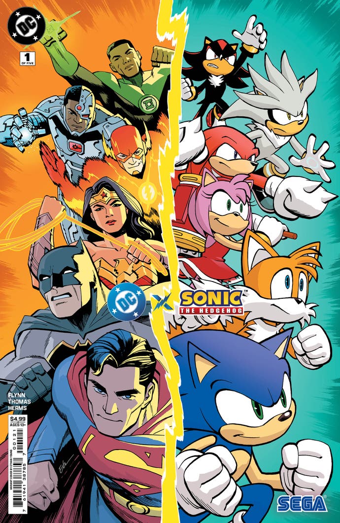 Sonic and DC comic crossover showing comic cover split between Justice League characters on the left and Sonic characters on the right