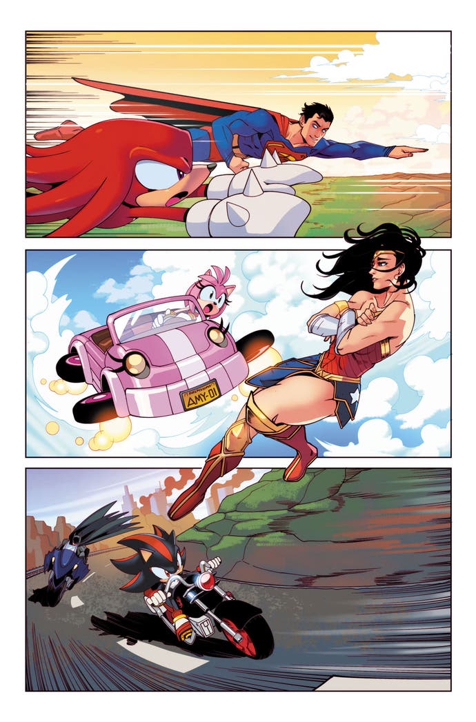 Sonic DC Comic panels showing Knuckles gliding against Superman, Amy next to Wonder Woman, and Shadow racing Batman on motorcyles