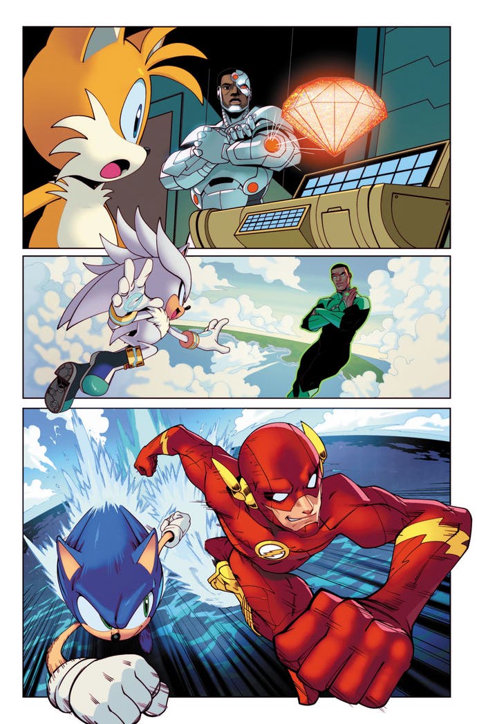 Sonic DC Comic panels showing Tails and Cyborg, Silver and Green Lantern, and Sonic racing The Flash