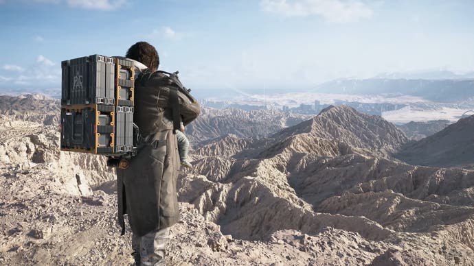 Death Stranding 2 trailer screenshot showing Sam Bridges carrying package on his back in front of rugged dusty landscape