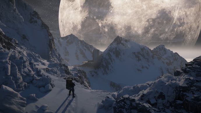 Death Stranding 2 trailer screenshot showing Sam Bridges in snowy mountainous landscape with a giant moon