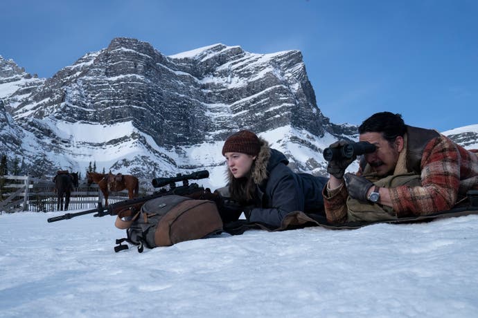 Ellie and Tommy sniping in the snow in The Last of Us season two