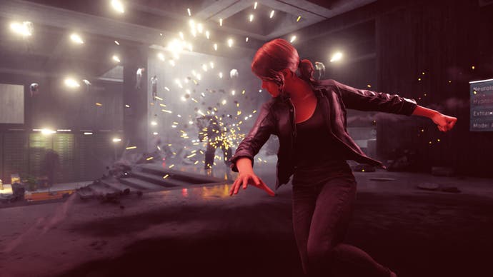 A screenshot from Control. The main character Jesse Faden is seen throwing an object at an enemy using her telekinetic abilities