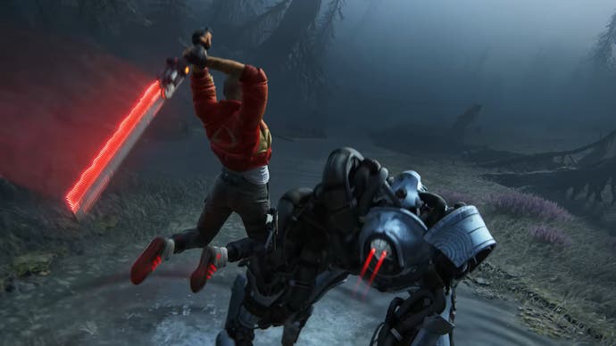 Intergalactic The Heretic Prophet trailer screenshot showing a character leaping off a rock with a sword above their head ready to strike a robotic enemy on a grim looking planet