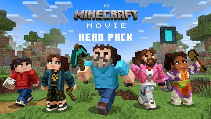 A Minecraft Movie hero pack promo image showing the film's characters in the game