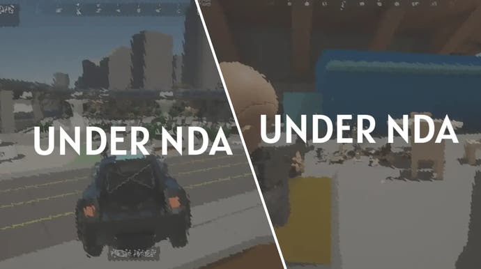 Two blurred images with the legend UNDER NDA show early prototypes of a character with a gun and a vehicle cruising through the air onto a freeway