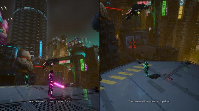 A pair of cyber ninjas look at a large, neon cyberpunk cityscape in Split Fiction.