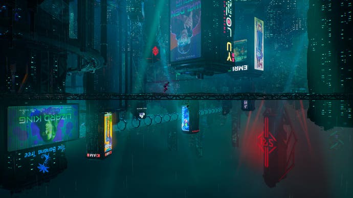 Two women run on either side of a large beam in a neon cyberpunk cityscape in Split Fiction.