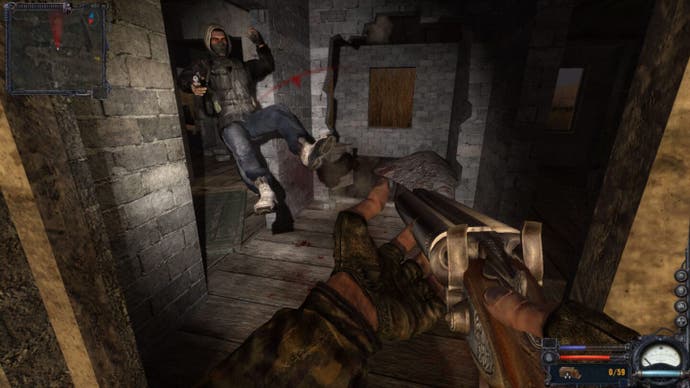 A survivor is knocked backwards from a shot from the player's shotgun in Stalker: Clear Sky.