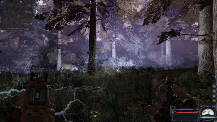 An electrical field appears in a forest in Stalker: Clear Sky.