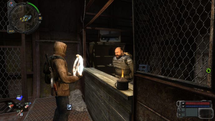 A survivor talks to a merchant in Stalker: Call of Pripyat.