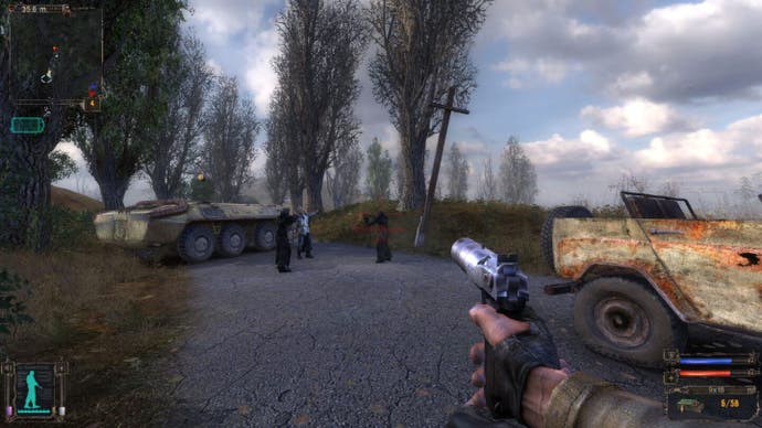 A player approaches a tense stand-off in front of a tank in Stalker: Shadow of Chernobyl.