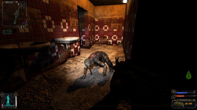 A gas-masked creature stalks a dark bathroom on all fours in Stalker: Shadow of Chernobyl.