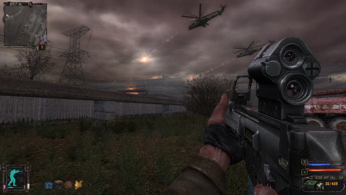 Helicopters fly towards a walled compound in Stalker: Shadow of Chernobyl.