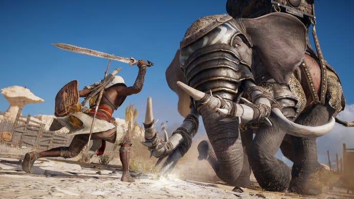 Bayek fights a war elephant in Assassin's Creed Origins.