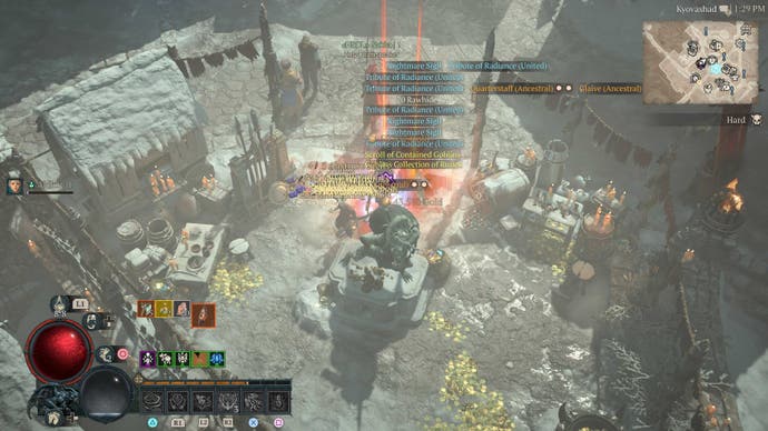 A screenshot from Diablo 4 showing a ridiculous pile of loot by a statue.