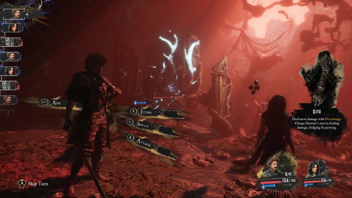 A battle scene in an eerie red hollow in Clair Obscur: Expedition 33