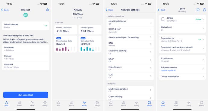 eero ios app screenshots, showing settings, router page, stats and more.