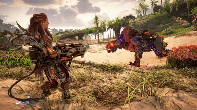 Aloy shoots at an advancing machine in Horizon Forbidden West Burning Shores DLC