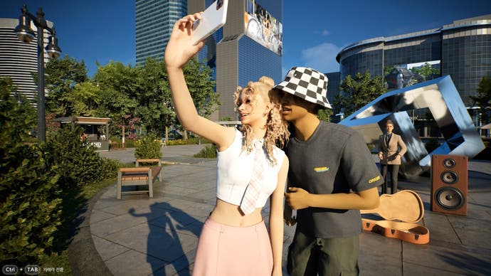 A man and a woman pose for a selfie in an urban environment in InZoi