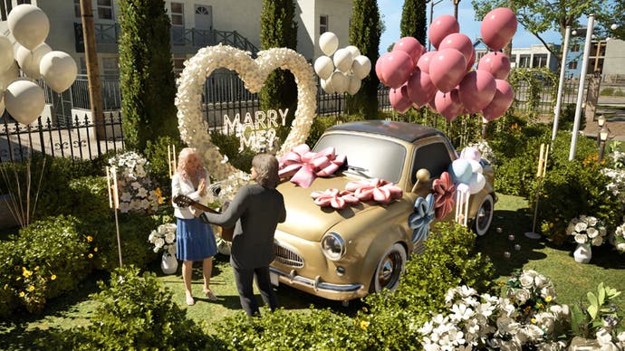 Inzoi screenshot showing a couple getting married in a park surrounded by balloons.