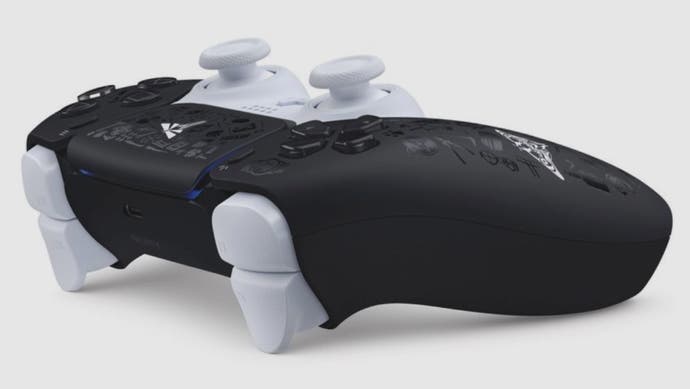 An image of The Last of Us limited edition DualSense controller viewed from the rear, featuring a black and white colour scheme with 