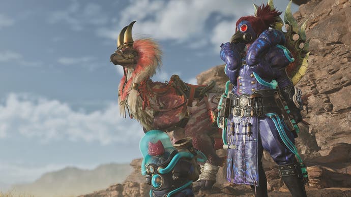 A hunter, palico and seikret stand proudly looking toward the horizon in Monster Hunter Wilds.