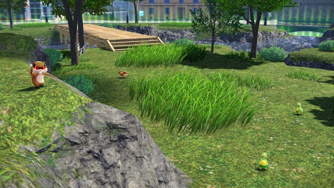 Pokémon Legends Z-A screenshot showing Patrat and other Pokémon in a low-fidelity wild area of the city