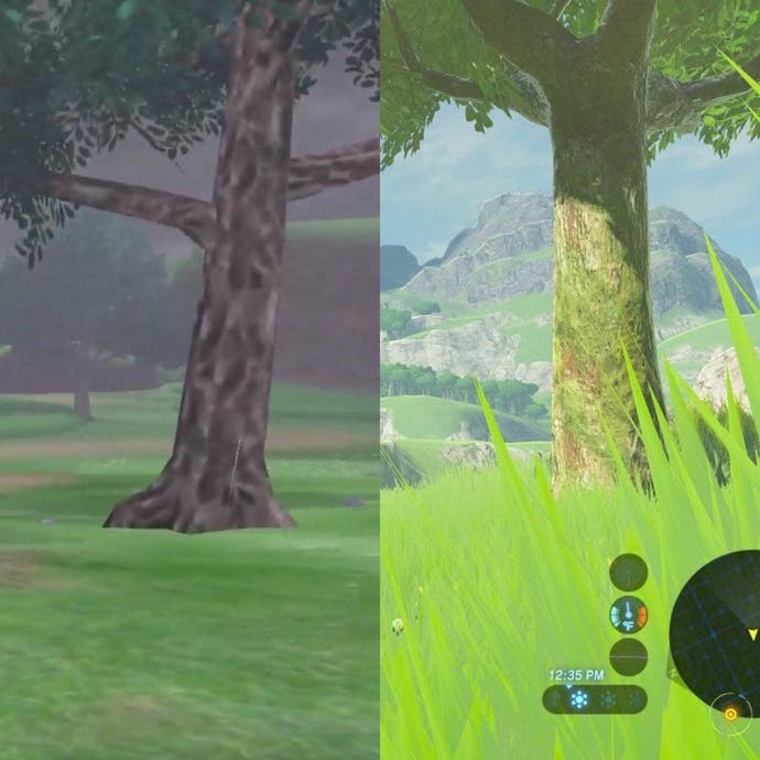 Image of a tree from Pokémon Sword and Shield's Wild Area, and a tree from BOTW, side-by-side, with Pokémon's considerably worse.