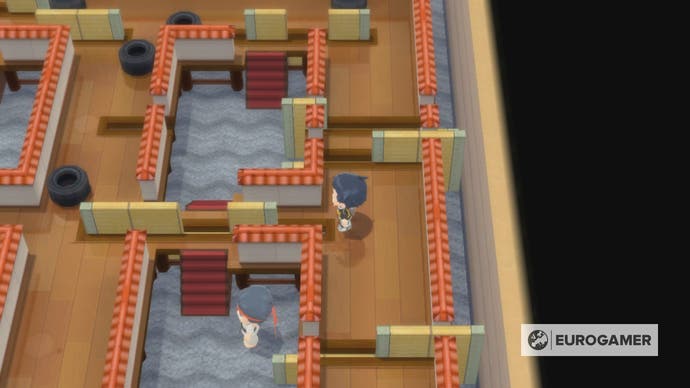 Pokémon BDSP screenshot showing the player in a gym with wooden puzzles