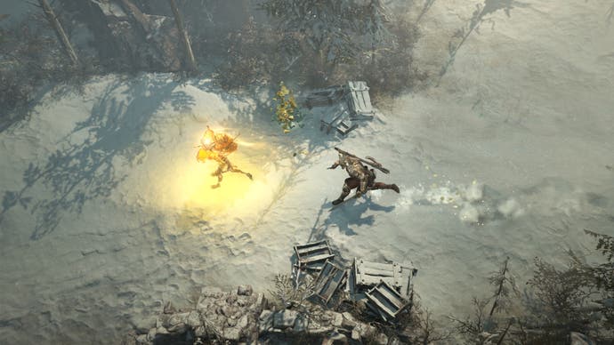 A character in Diablo 4 chasing after a gold-hued treasure goblin.