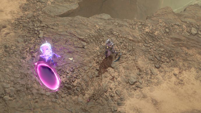 A character in Diablo 4 chasing after a purple-hued treasure goblin which is opening a magical portal.