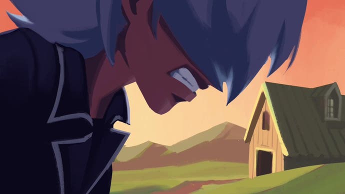 Wanderstop screenshot showing a stylised still from a flashback of Alta looking angry