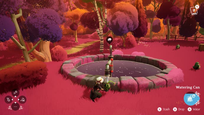 Wanderstop screenshot showing Alta collecting water from a pump in a pink field