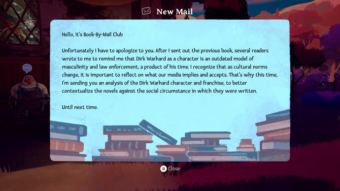 Wanderstop screenshot showing a funny letter from a book club