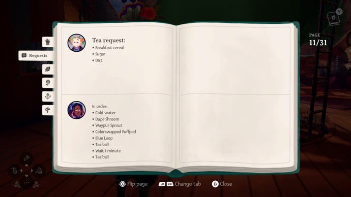 Wanderstop screenshot showing two ridiculous tea requests in your guide book