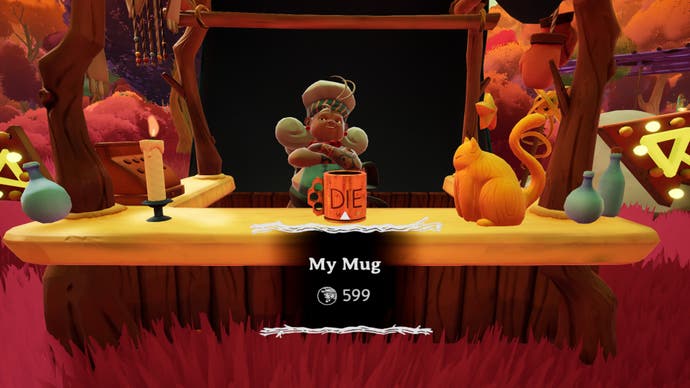 Wanderstop screenshot showing a comedy merchant trying to charge a load of fake money for a mug that reads 