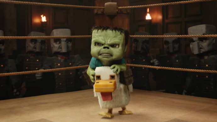 A Minecraft Movie's Chicken Jockey.
