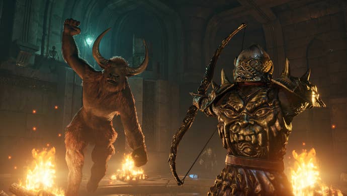 Screenshot from Oblivion remaster showing a large horned and furry minotaur-like beast advancing on an archer in armour