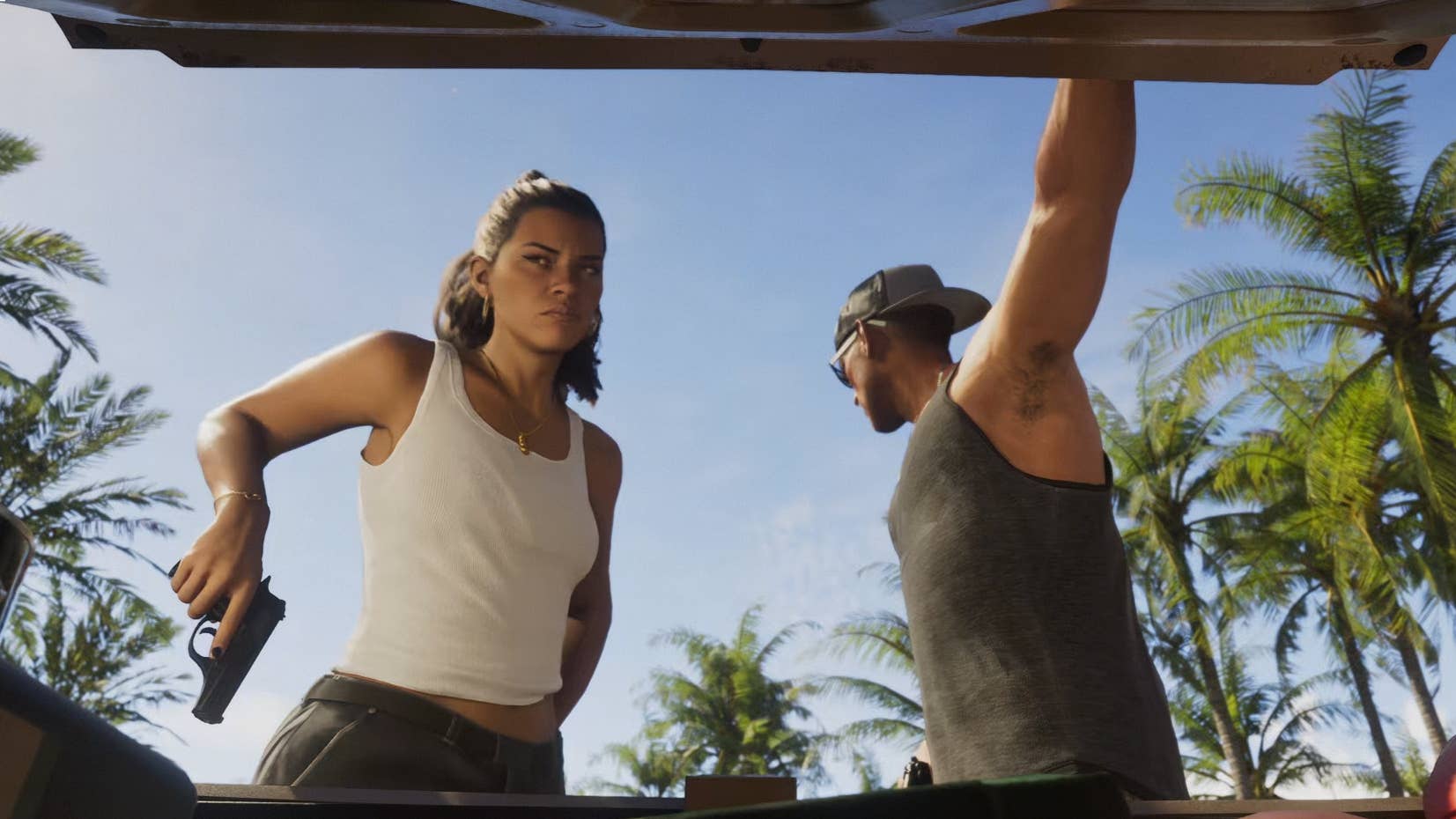 GTA 6 protagonists take guns out of a car boot.