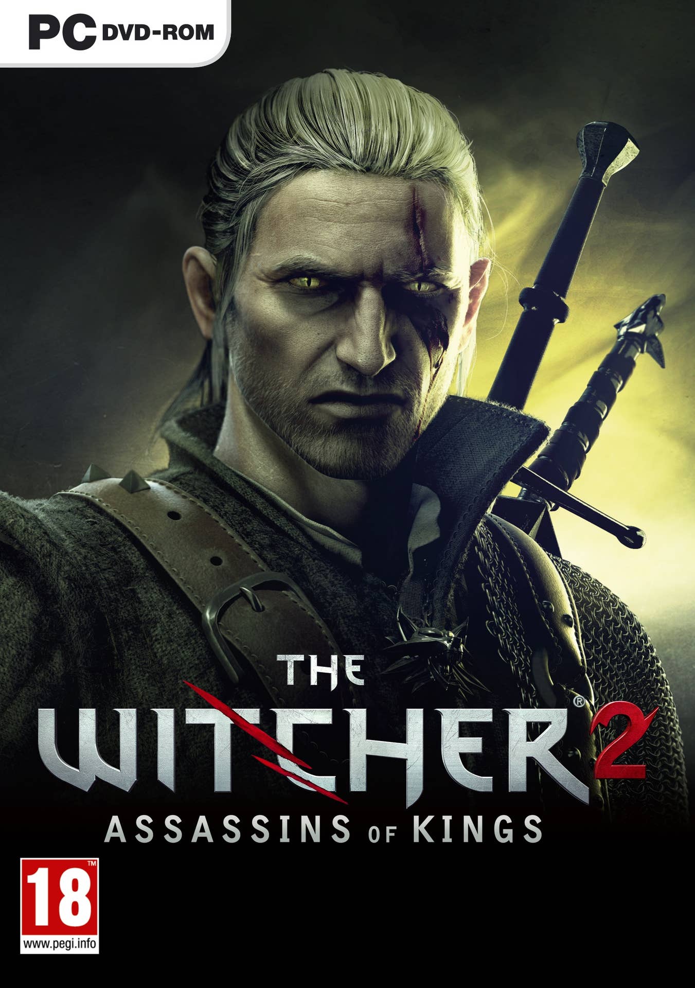 Witcher 2 box art showing a white-haired man in leather armour walking staring at the camera, with two swords poking out from behind his shoulder. It's Geralt of Rivia and he doesn't look like he wants to talk.