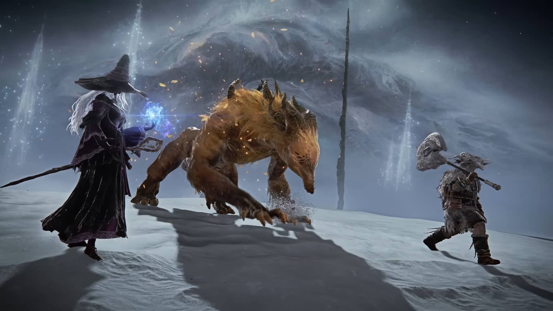 Elden Ring Nightreign trailer screenshot showing three playable characters on a dusty plain, a witch, a barbarian, and a transformed beast