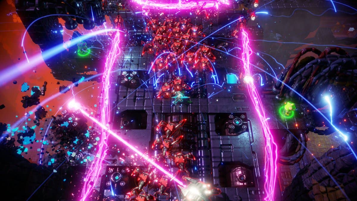 Hectic Nex Machina screenshot showing multiple advancing enemies and purple lasers to name just two things
