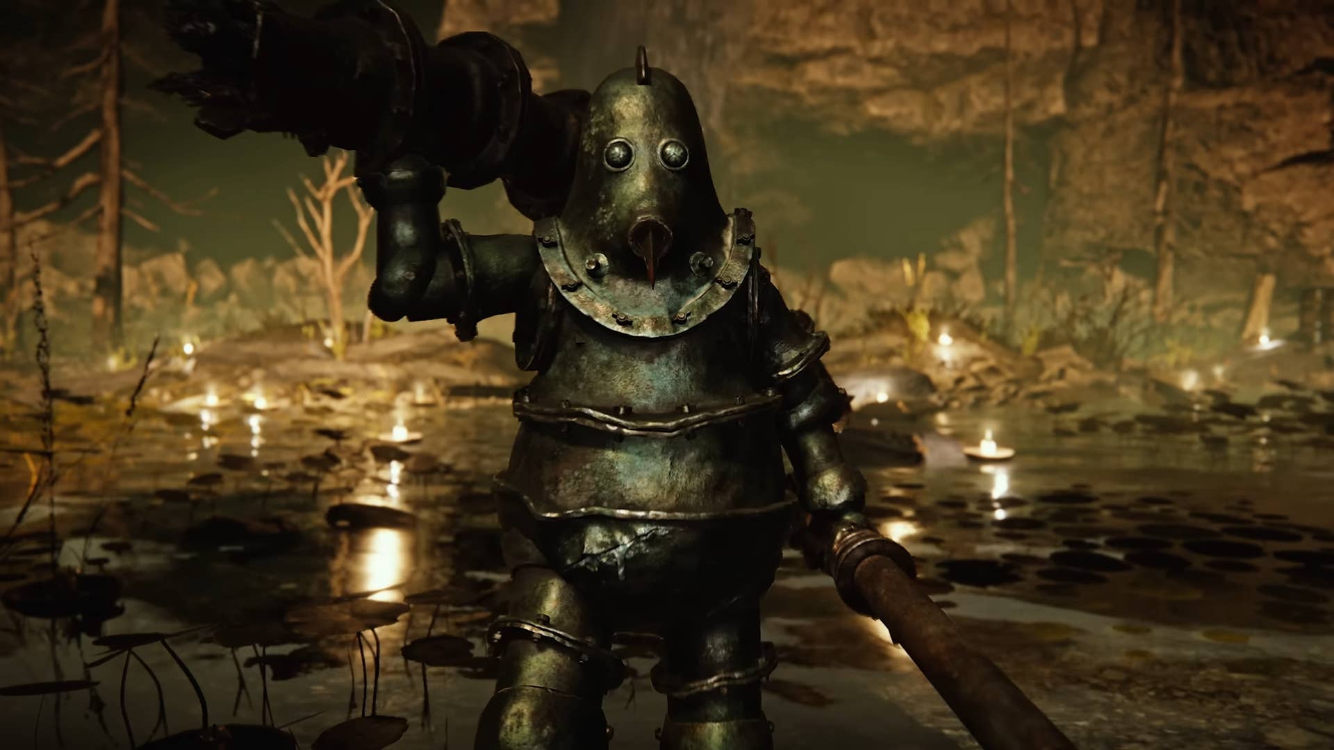 The Duskbloods screenshot showing character in metallic suit in a swamp
