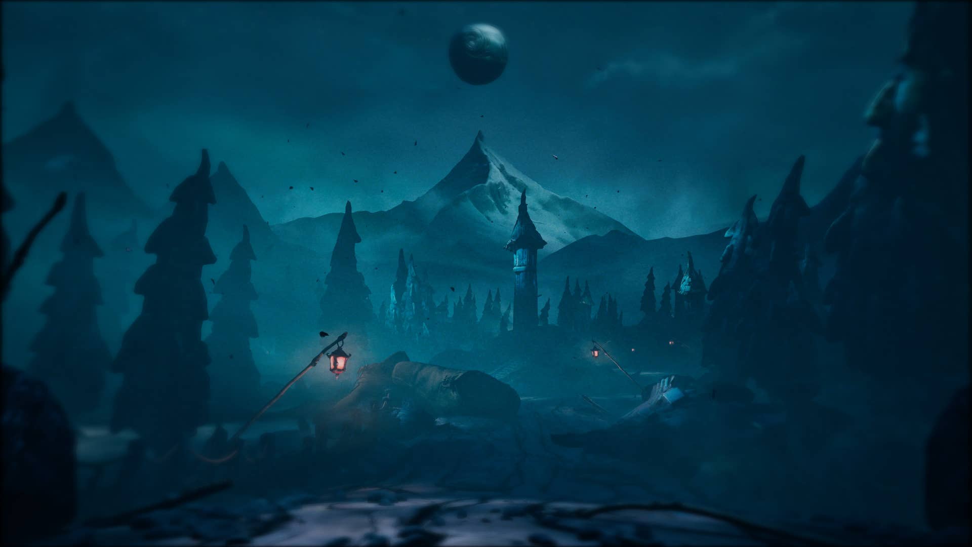Dark and moody, a spire in the distance under a moon.